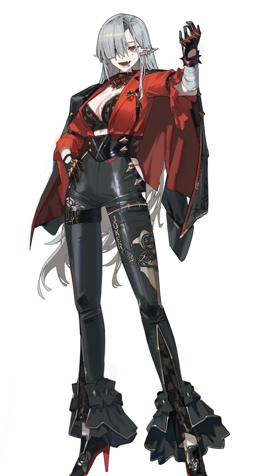 1girl absurdres black_bra black_gloves black_jacket black_pants black_shoes bra breasts cleavage commentary english_commentary esnowg face_piercing fang gloves grey_hair hair_over_one_eye high_heels highres jacket jacket_on_shoulders large_breasts leather leather_pants lip_piercing long_hair open_clothes open_shirt original pants piercing pointy_ears red_eyes red_shirt shirt shoes simple_background solo spiked_knuckles underwear white_background
