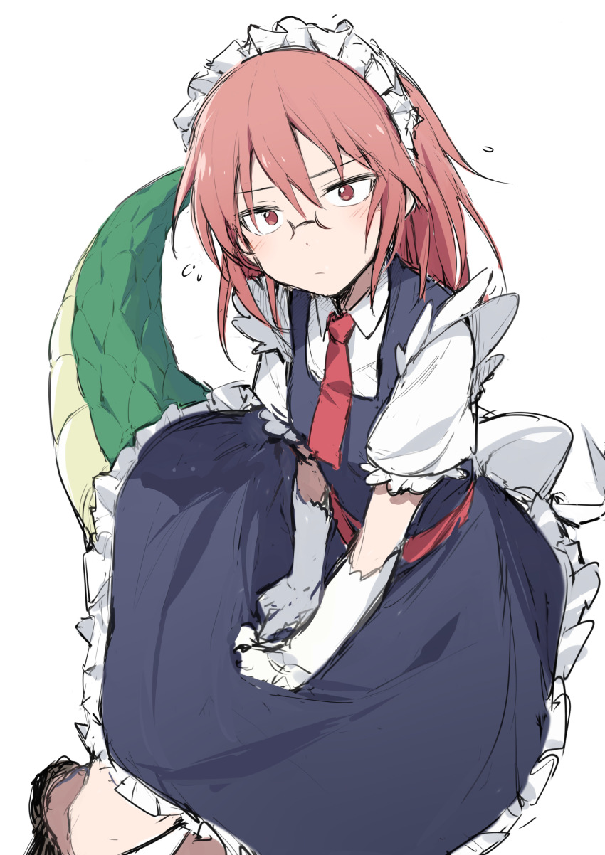 1girl absurdres blush cosplay dragon_tail flying_sweatdrops frills glasses gloves highres kobayashi-san_chi_no_maidragon kobayashi_(maidragon) long_hair looking_at_viewer maid maid_headdress necktie oyo_hitsuji puffy_short_sleeves puffy_sleeves red_hair red_necktie short_sleeves simple_background solo tail tohru_(maidragon) tohru_(maidragon)_(cosplay) white_background white_gloves