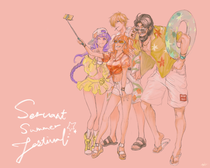 2girls ;) bb_(fate) bb_(swimsuit_mooncancer)_(fate) beard bikini black_eyes black_hair bracelet braid breasts edward_teach_(fate) edward_teach_(formal_dress)_(fate) facial_hair fate/grand_order fate_(series) flip-flops floral_print fujimaru_ritsuka_(female) fujimaru_ritsuka_(female)_(tropical_summer) grin hair_over_one_eye hat hood hooded_jacket innertube jacket jewelry long_hair midriff mukuinu multiple_girls necklace official_alternate_costume one_eye_closed open_clothes open_shirt orange_hair pink_background purple_eyes purple_hair ring robin_hood_(fate) sandals selfie_stick shorts side_ponytail simple_background skirt smile socks sunglasses swim_ring swimsuit v watch white_bikini white_legwear wristwatch