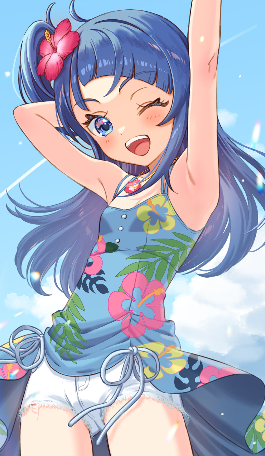 1girl ;d absurdres alternate_costume alternate_hairstyle arm_behind_head arm_up blue_dress blue_eyes blue_hair blue_sky bun_(jewd5385) cloud cloudy_sky commentary cowboy_shot cutoffs day dress floral_print flower hair_down hair_flower hair_ornament hibiscus highres hirogaru_sky!_precure long_hair looking_at_viewer micro_shorts one_eye_closed one_side_up open_mouth outdoors precure print_dress short_dress shorts shorts_under_dress sky sleeveless sleeveless_dress smile solo sora_harewataru spaghetti_strap standing white_shorts