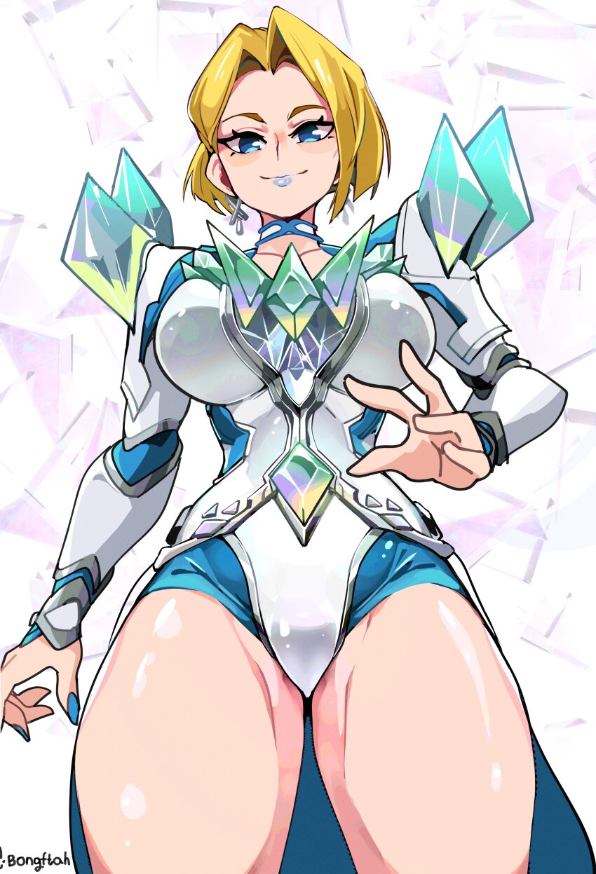 1girl absurdres blonde_hair blue_eyes blue_lips blue_nails bongfill breasts closed_mouth collarbone earrings emma_frost fingernails highres jewelry large_breasts long_sleeves looking_at_viewer marvel marvel_rivals sharp_fingernails shiny_skin short_hair smile solo thick_thighs thighs twitter_username