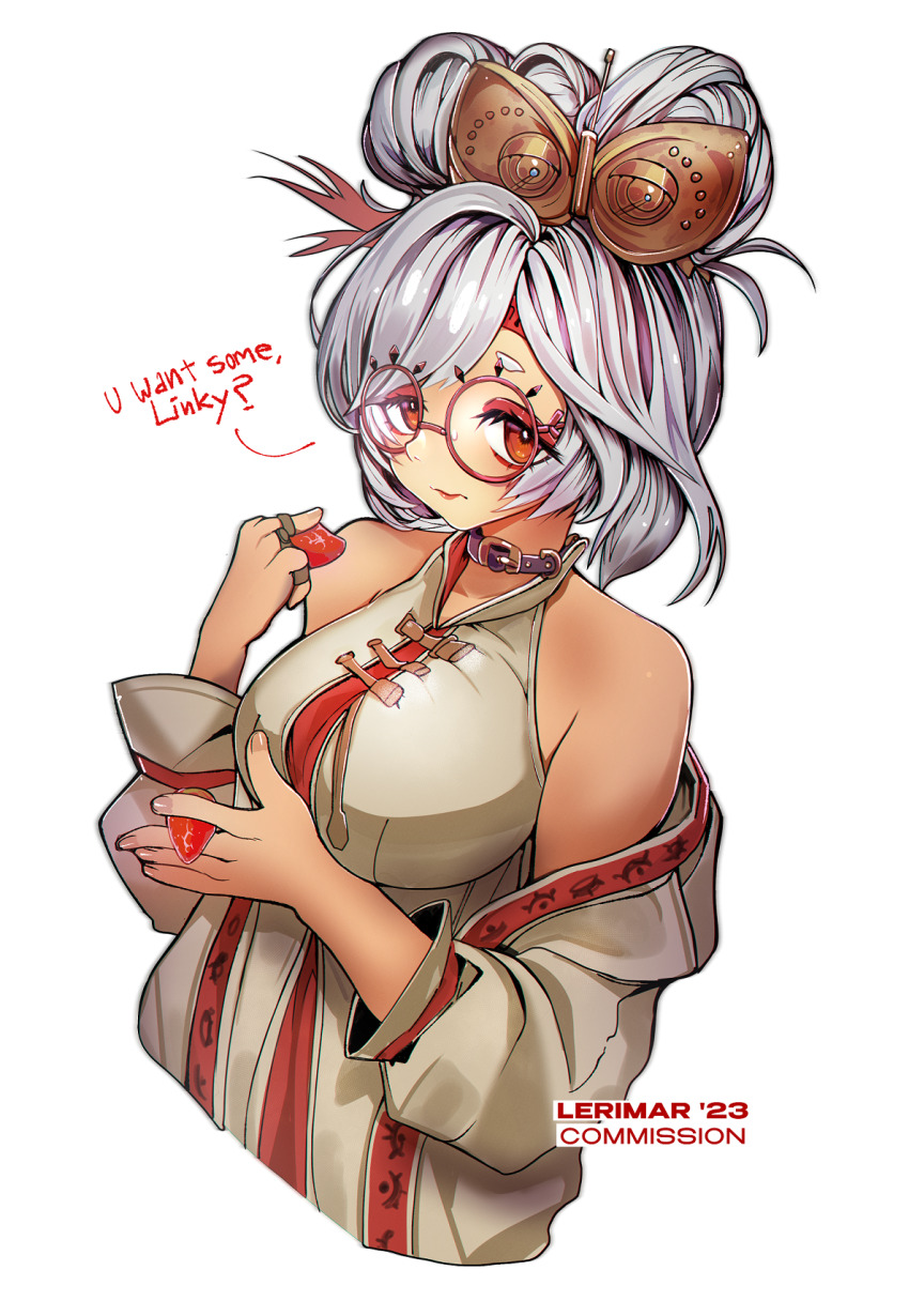 1girl breasts closed_mouth commentary commission double_bun english_commentary english_text expressionless eyeshadow food fruit glasses grey_hair hair_bun highres holding holding_food holding_fruit large_breasts lerimar looking_at_viewer makeup nintendo orange_eyes orange_eyeshadow purah red-framed_eyewear round_eyewear shirt short_hair simple_background sleeveless sleeveless_shirt solo strawberry the_legend_of_zelda the_legend_of_zelda:_tears_of_the_kingdom upper_body white_background white_shirt