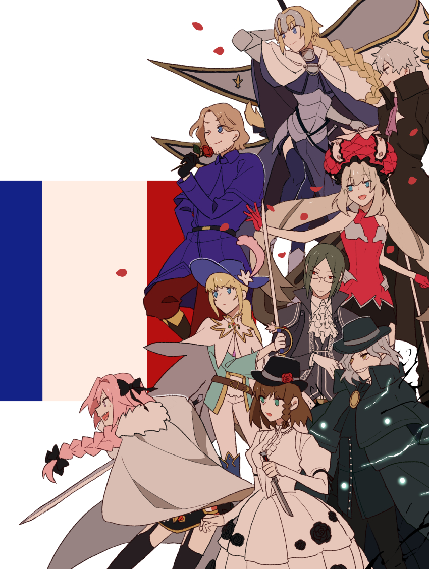 1other 3girls 5boys absurdres androgynous armor ascot astolfo_(fate) axis_powers_hetalia blonde_hair blue_eyes braid braided_ponytail cape capelet charles-henri_sanson_(fate) charlotte_corday_(fate) charlotte_corday_(third_ascension)_(fate) chevalier_d&#039;eon_(fate) coat country_connection crossover dress edmond_dantes_(fate) facial_hair falling_petals fate/grand_order fate_(series) flag flower france_(hetalia) french_flag fur-trimmed_cape fur_trim glasses gloves goatee_stubble grey_hair hair_ribbon hat headpiece highres holding holding_flag holding_flower holding_knife holding_sword holding_weapon jacket jeanne_d&#039;arc_(fate) knife kome_043 long_hair long_sleeves marie_antoinette_(fate) multiple_boys multiple_girls open_mouth pants petals phantom_of_the_opera_(fate) pink_hair ribbon shirt short_hair single_braid smile stubble sword twintails weapon white_cape white_dress