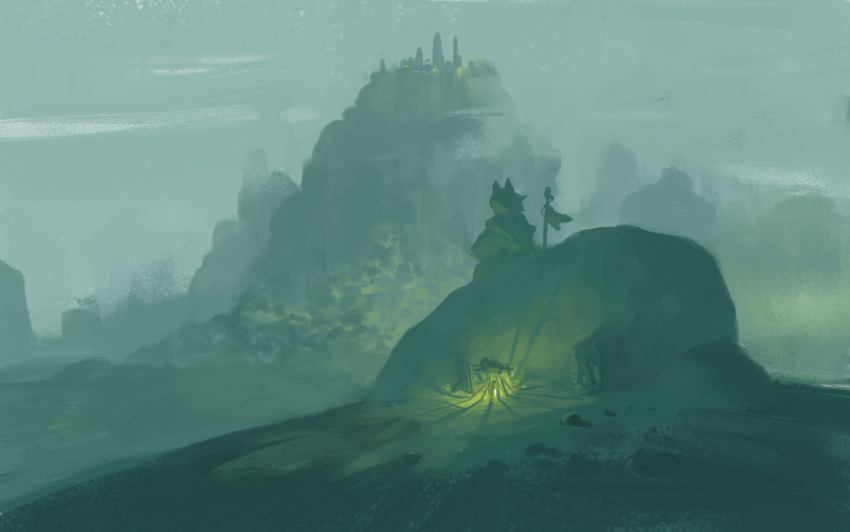 1boy day fire fog from_behind highres hill mountain original outdoors painting_(medium) scenery slow_d solo traditional_media wolf_boy