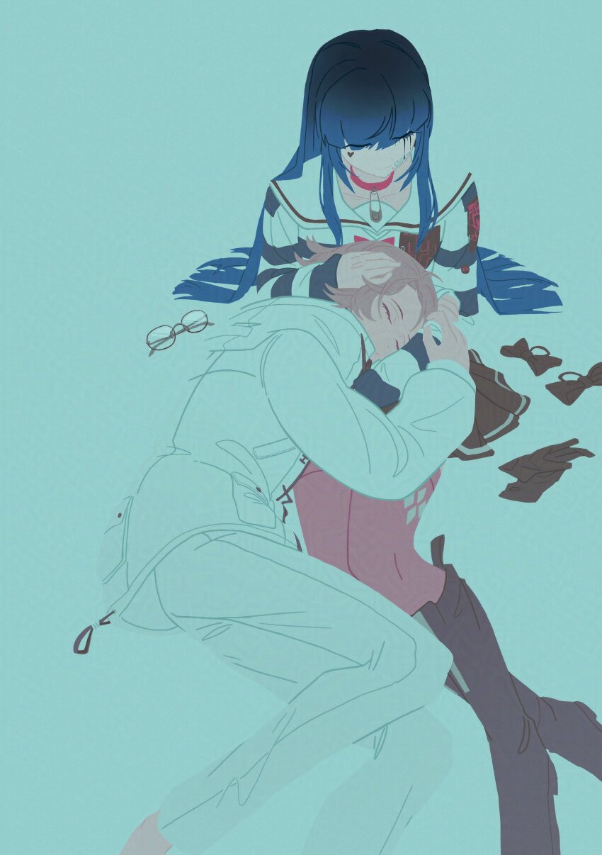 1boy 1girl amemiya_darumi aotsuki_eito barefoot black_boots black_hair black_skirt blue_hair boots bow closed_eyes collar collarbone cuddling glasses gloves grey_hair hair_bow hair_down heart jacket knee_boots lying_on_person makeup multicolored_hair pants pink_thighhighs pleated_skirt removed_clothing removed_eyewear removed_headwear runny_makeup safety_pin shirt simple_background sitting skirt striped_clothes striped_shirt the_hundred_line_-last_defense_academy- thighhighs unworn_bow unworn_gloves white_background white_jacket white_pants