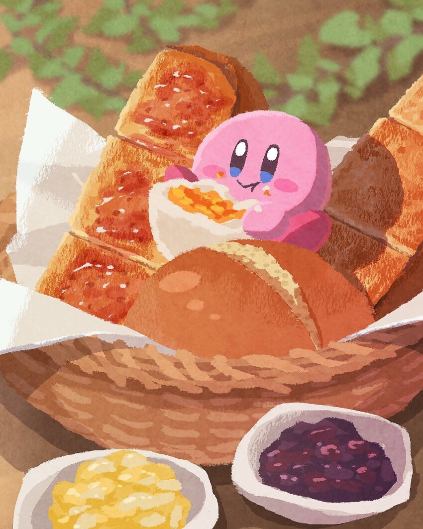 blue_eyes blueberry blush_stickers bread bread_bowl closed_mouth commentary crumbs eating egg food fruit highres kirby kirby_(series) miclot nintendo no_humans solo symbol-only_commentary