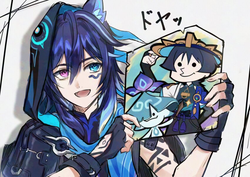 1boy animal_ear_fluff animal_ears ararycan_(genshin_impact) arm_behind_back arm_tattoo arm_up bat_ears belt black_belt black_bodysuit black_bow black_bridal_gauntlets black_gloves black_hair black_hood black_jacket black_shorts blue_cape blue_eyes blue_gemstone blue_hat blue_hood blue_kimono blue_scarf blue_sleeves blunt_ends bodysuit bow bridal_gauntlets cape closed_mouth creature double-parted_bangs facial_mark feathers fingerless_gloves fingernails gem genshin_impact glove_belt glove_cutout gloves gold gold_ring grey_hair hair_between_eyes han&#039;eri hand_tattoo hat heterochromia highres holding holding_photo hood hood_up hooded_jacket jacket japanese_clothes jingasa kimono layered_kimono layered_sleeves mandarin_collar middle_ring multicolored_hair o-ring o-ring_belt o_o open_clothes open_kimono open_mouth ororon_(genshin_impact) photo_(object) pink_eyes pom_pom_(clothes) purple_hair purple_rope purple_sash rope sash scaramouche_(genshin_impact) scarf short_sleeves shorts shoulder_peek sidelocks sketch smile streaked_hair tassel tattoo two-sided_hood vision_(genshin_impact) wanderer_(genshin_impact) white_kimono white_sleeves yellow_feathers yozora_9089