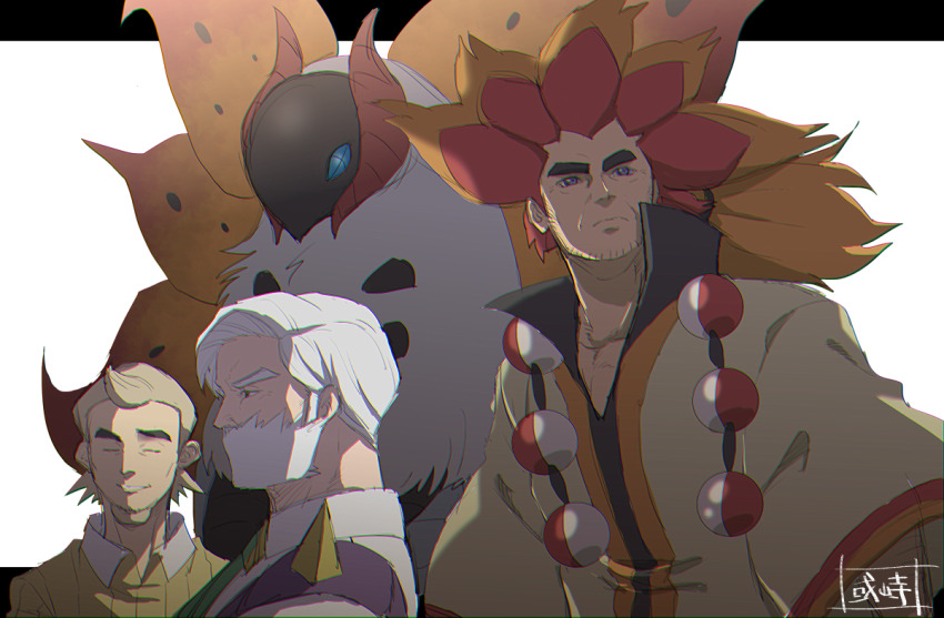 3boys alder_(pokemon) beard blonde_hair cedric_juniper closed_eyes closed_mouth collared_shirt commentary_request drayden_(pokemon) facial_hair from_below gen_5_pokemon grey_eyes hair_tie long_hair male_focus multicolored_hair multiple_boys nintendo old old_man orange_hair pokemon pokemon_(creature) pokemon_bw poncho red_hair sanwari_(aruji_yume) shirt short_hair two-tone_hair volcarona white_hair white_shirt