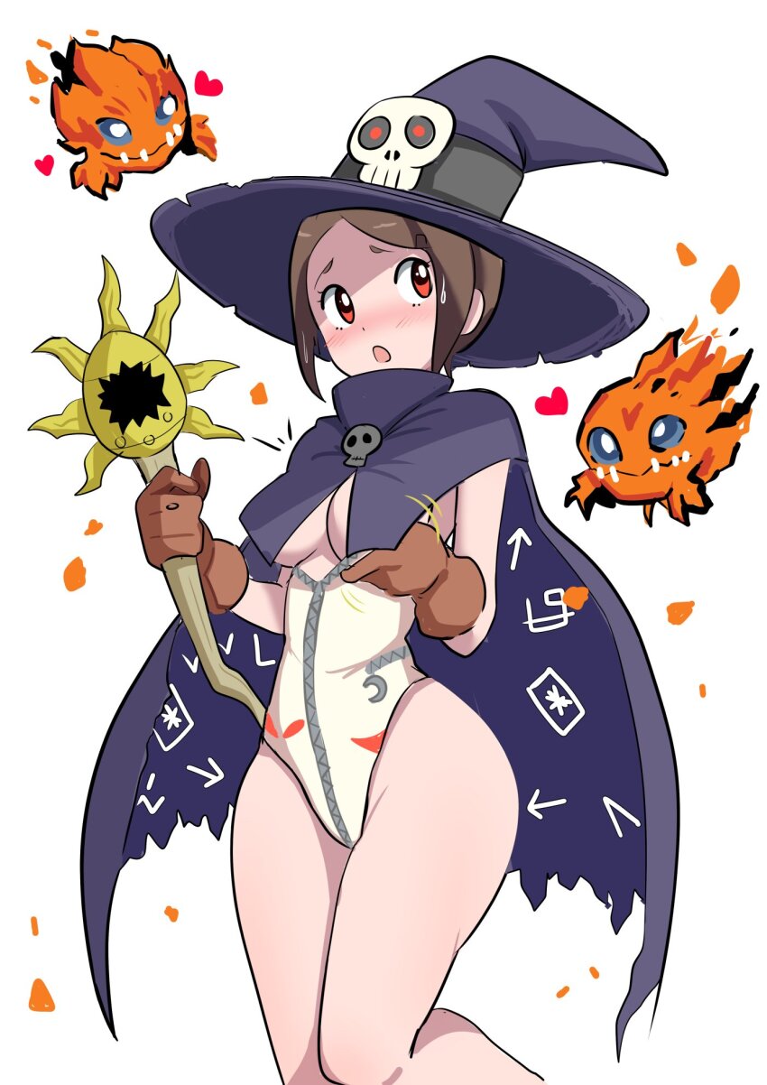 1girl blush brown_eyes brown_hair cosplay digimon digimon_(creature) digimon_adventure_02 hat highres pabsmikan petimeramon simple_background white_background wizarmon wizarmon_(cosplay) yagami_hikari