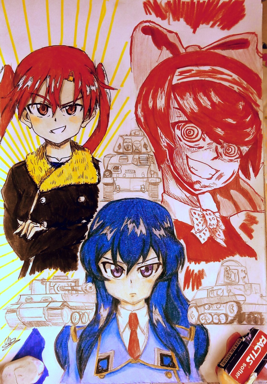 3girls absurdres bellwall_military_uniform blue_hair crossed_arms eclair_(girls_und_panzer) girls_und_panzer girls_und_panzer_gekitou!_maginot-sen_desu!! girls_und_panzer_little_army girls_und_panzer_ribbon_no_musha hair_ornament hair_ribbon highres lock long_hair maginot_military_uniform military_vehicle motor_vehicle multiple_girls nakasuga_emi orange_eyes orange_hair red_hair ribbon school_uniform shaman_garupan somua_s35 tank tatenashi_high_school_uniform tiger_i tsuruki_shizuka twintails type_97_te-ke