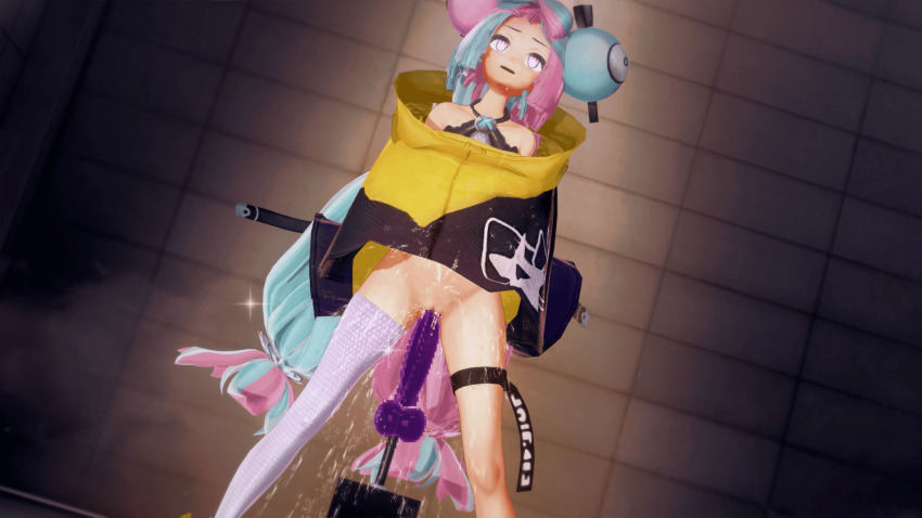 1girl 3d ahegao animated animated_gif aqua_hair arched_back bottomless censored dildo drooling feathermapleleaf fucked_silly highres huge_filesize iono_(pokemon) koikatsu_(medium) legs_apart machinery nintendo orgasm pink_hair pokemon pokemon_sv purple_eyes pussy pussy_juice saliva sex_toy shaking spread_legs standing thighs tongue tongue_out wet