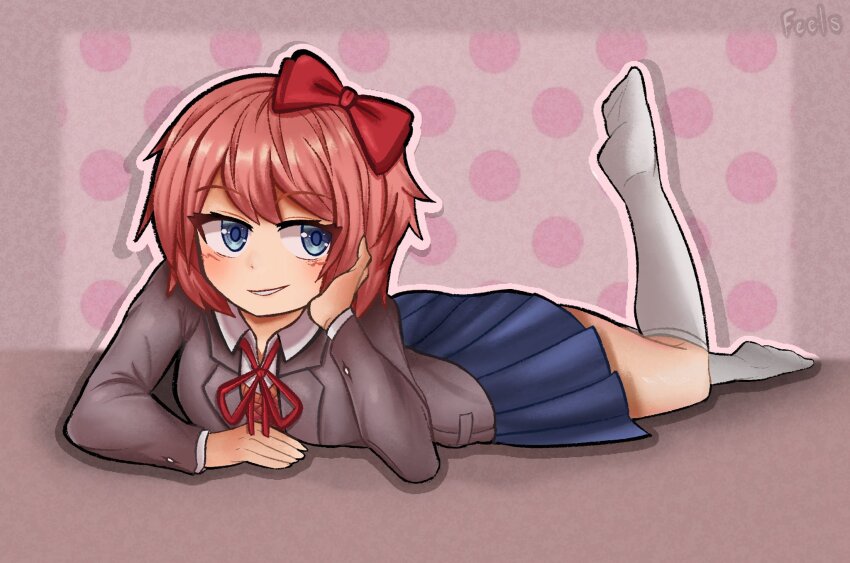? alone_on_a_friday_night?_(meme) artist_name blazer blue_eyes blue_skirt blush bow brown_jacket brown_sweater_vest commentary doki_doki_literature_club doki_doki_literature_club_school_uniform english_commentary fill_feels grey_jacket hair_bow highres jacket looking_at_viewer lying meme neck_ribbon on_stomach orange_sweater_vest orange_vest pink_hair polka_dot polka_dot_background red_ribbon ribbon sayori_(doki_doki_literature_club) school_uniform skirt smile socks sweater_vest textless_version the_pose vest white_socks