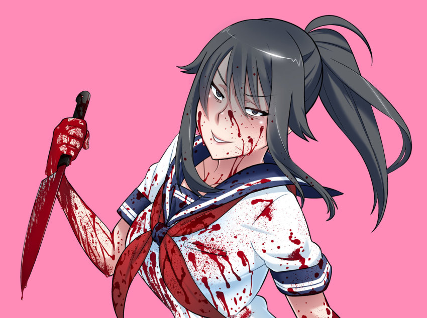1girl ayano_aishi black_eyes black_hair blood blood_on_face blood_splatter blood_on_clothes bloody_weapon evil_smile kjech knife official_art ponytail school_uniform smile weapon yandere_simulator