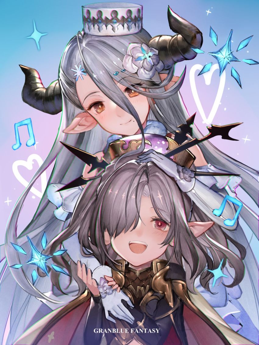 2girls blue_hair copyright_name draph gloves granblue_fantasy hair_over_one_eye hand_on_another&#039;s_head hanus harvin hat highres horns izmir long_hair mole mole_under_mouth multiple_girls musical_note niyon_(granblue_fantasy) pointy_ears purple_hair smile snowflakes white_gloves