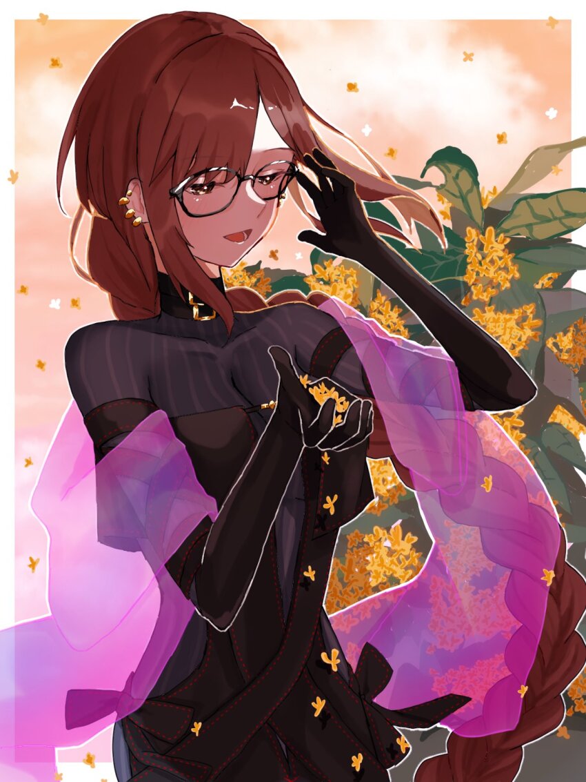 1girl black-framed_eyewear black_gloves blush border braid brown_eyes brown_hair commentary_request ear_piercing elbow_gloves fate/grand_order fate_(series) floating_hair flower glasses gloves half-closed_eyes highres long_hair mixed-language_commentary open_mouth outside_border piercing smile solo t_maguo very_long_hair white_border yellow_flower yu_mei-ren_(fate) yu_mei-ren_(first_ascension)_(fate)