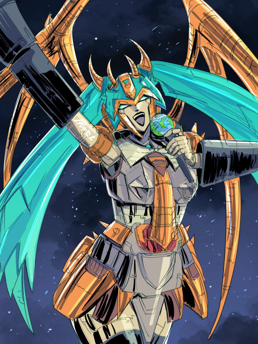 alien commentary cosplay cowboy_shot detached_sleeves earth_(planet) english_commentary green_eyes hatsune_miku hatsune_miku_(cosplay) highres holding holding_microphone horns microphone minimized multiple_horns neck no_humans planet primusibi robot star_(sky) transformers transformers:_generation_1 twintails unicron vocaloid wings worldwide_miku