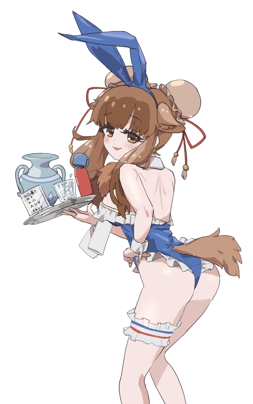 1girl absurdres alternate_costume bactrian_camel_(kemono_friends) bare_shoulders blue_leotard blunt_bangs blush brown_eyes brown_hair bun_cover camel_ears camel_girl camel_tail cowboy_shot detached_collar double_bun frilled_leotard frills hair_bun highres kemono_friends kunikuni_(kunihiro2005) leotard looking_at_viewer looking_back playboy_bunny short_hair sidelocks solo strapless strapless_leotard thigh_strap towel_on_arm tray