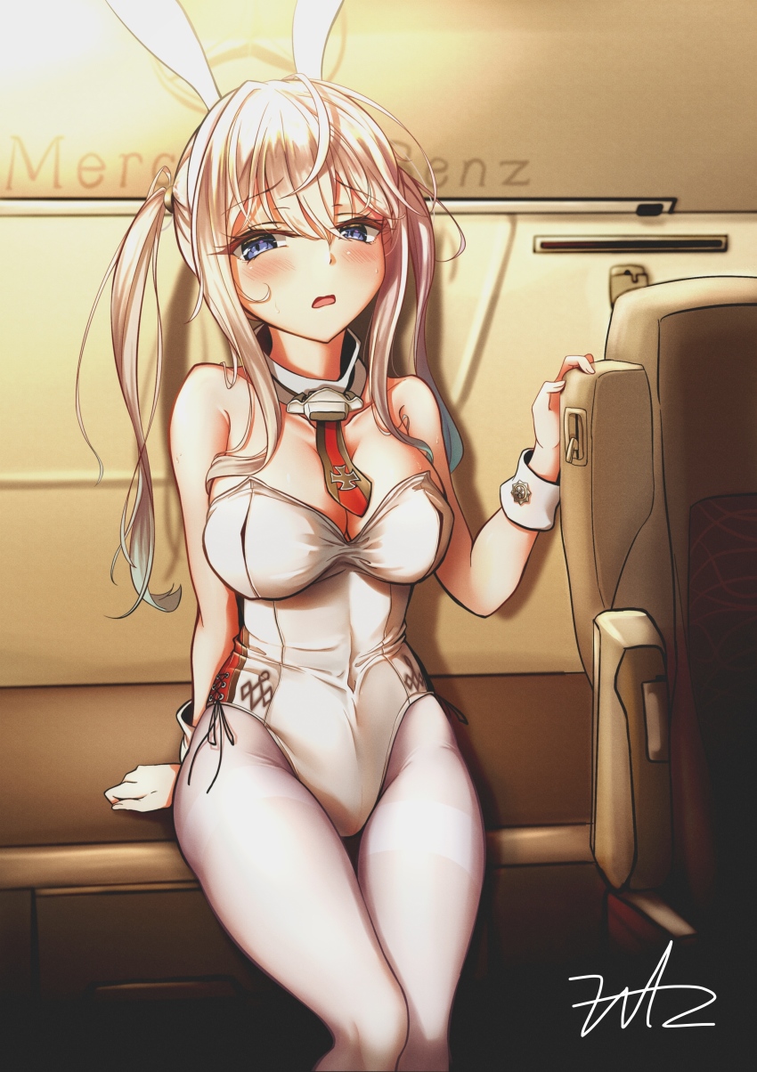 1girl absurdres adapted_costume animal_ears blonde_hair blue_eyes breasts cross detached_collar fake_animal_ears fritz614 graf_zeppelin_(kancolle) hair_between_eyes highres iron_cross kantai_collection large_breasts leotard necktie pantyhose playboy_bunny rabbit_ears red_necktie side-tie_leotard sidelocks solo strapless strapless_leotard twintails white_pantyhose wrist_cuffs