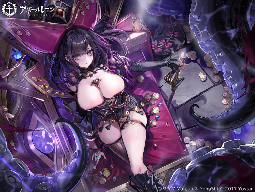 1girl artist_request azur_lane black_boots black_hair black_thighhighs boots breasts cleavage couch crossed_legs from_above gem hat highres holding holding_sword holding_weapon knee_boots large_breasts long_hair looking_at_viewer official_art on_couch parted_lips pirate pirate_hat queen_anne&#039;s_revenge_(azur_lane) second-party_source single_thighhigh sitting solo spider_web_print sword tentacles thigh_strap thighhighs weapon