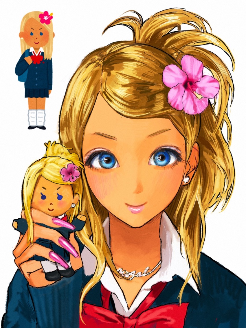 1girl bingi blonde_hair blue_eyes character_doll chibi chibi_inset doll earrings flower gyaru hair_flower hair_ornament highres holding holding_doll irasutoya jewelry kogal lipstick long_hair long_sleeves loose_socks makeup original pink_nails school_uniform smile socks stud_earrings tan upper_body white_background