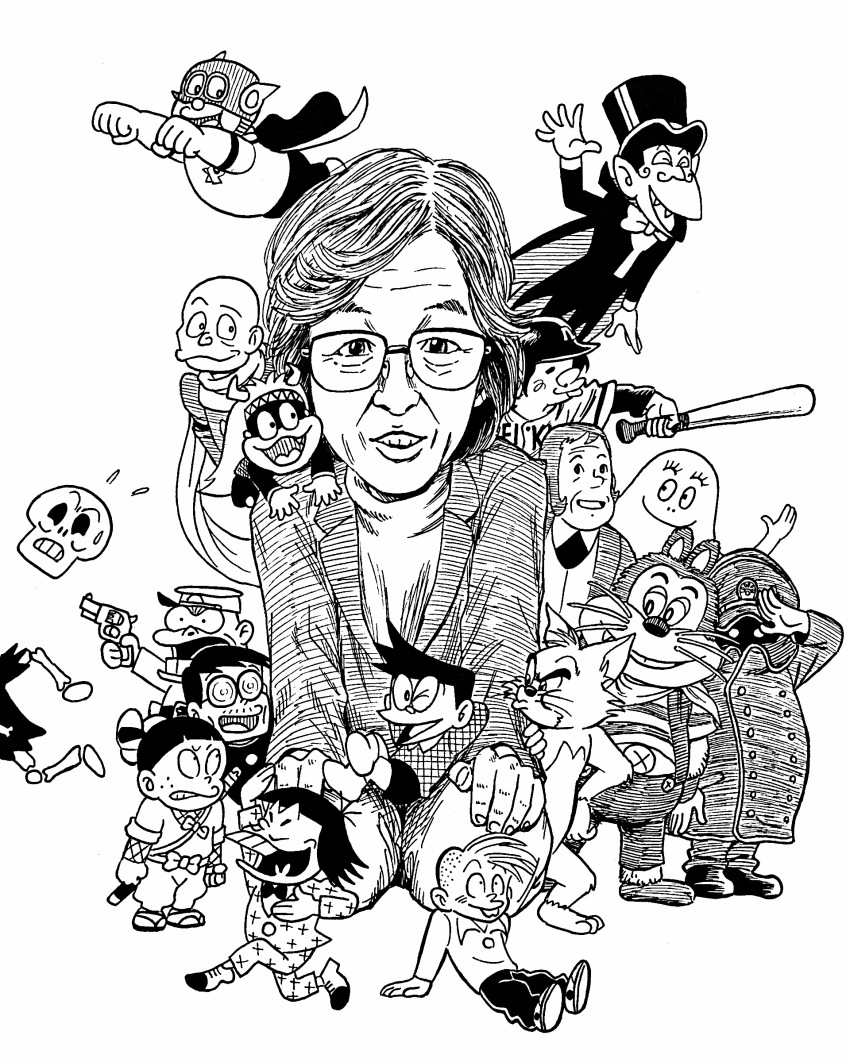 6+boys absurdres alps_no_shoujo_heidi anpanman arms_behind_head ashita_no_joe barbapapa baseball baseball_helmet bow bowtie buck_teeth cape cat chuukichi_(hyoromatsu) clenched_hands coke-bottle_glasses conductor_(ginga_tetsudou_999) crossed_legs crossover cyborg_009 dokaben doraemon dracula_(kaibutsu-kun) flying_sweatdrops fukurokouji_jajamaru ginga_tetsudou_999 glasses great_britain greyscale gun handgun hat helmet highres honekawa_suneo horns horrorman ink_(medium) iyami japanese_clothes jungle_kurobee kaibutsu-kun karino_benzou kemumaki_kemuzou kimotsuki_kaneta kiteretsu_daihyakka kurobee_(jungle_kurobee) lee_(dragon_garou) male_focus monochrome multiple_boys multiple_crossover navel niko_niko_pun ninja_hattori-kun omawarisan_(tensai_bakabon) open_mouth osomatsu-kun osomatsu_(series) paayan perman_(series) real_life revolver sebastian_(alps_no_shoujo_heidi) shirt simple_background sitting skeleton smile striped_clothes striped_shirt sweatdrop teeth tensai_bakabon tom tom_and_jerry top_hat traditional_media voice_actor voice_actor_connection weapon white_background