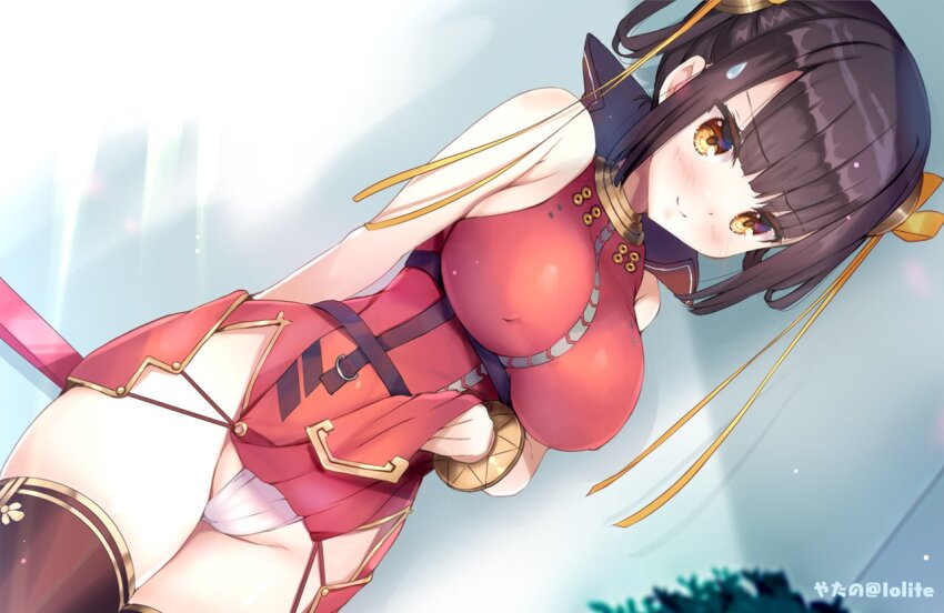 1girl black_thighhighs breasts brown_hair chest_harness china_dress chinese_clothes clothes_lift dress dress_lift folding_fan hair_ribbon hand_fan harness heaven_burns_red large_breasts li_yingxia pelvic_curtain red_dress ribbon thighhighs yatano yellow_ribbon