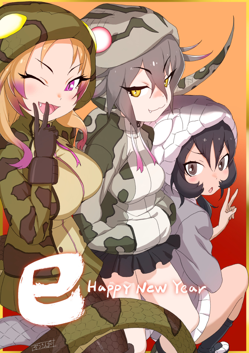 3girls :3 ;d absurdres african_rock_python_(kemono_friends) bare_legs black_gloves black_hair black_mamba_(kemono_friends) black_skirt breasts chinese_zodiac commentary drawstring fang fang_out gloves gradient_hair green_skirt grey_eyes grey_hair hair_between_eyes hands_in_pocket highres hood hood_up hoodie kemono_friends large_breasts looking_at_viewer masuyama_ryou miniskirt multicolored_hair multiple_girls okinawa_habu_(kemono_friends) one_eye_closed open_mouth orange_hair pink_hair print_hoodie purple_eyes skirt slit_pupils smile snake_girl snake_hood snake_print snake_tail tail trait_connection v v_over_mouth white_skirt year_of_the_snake yellow_eyes