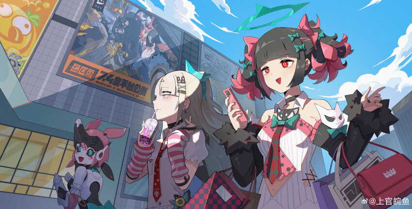 3girls :d absurdres arm_warmers asymmetrical_bangs bag bare_shoulders black_choker black_hair blunt_bangs bubble_tea character_request chinatsu_remiel choker chunhwei_lee clothing_cutout cloud cup day detached_sleeves drinking earrings green_eyes grey_hair hair_ornament hair_over_one_eye highres holding holding_cup humanoid_robot jewelry long_hair looking_back multicolored_hair multiple_girls navel_cutout necktie open_mouth outdoors pink_eyes pink_hair ponytail red_eyes red_necktie robot robot_girl rokudu_sariel shirt shopping_bag short_sleeves smile striped_arm_warmers striped_clothes triangle_mouth two-tone_hair upper_body vertical-striped_clothes watermark weibo_watermark white_shirt yutane_johiel zenless_zone_zero