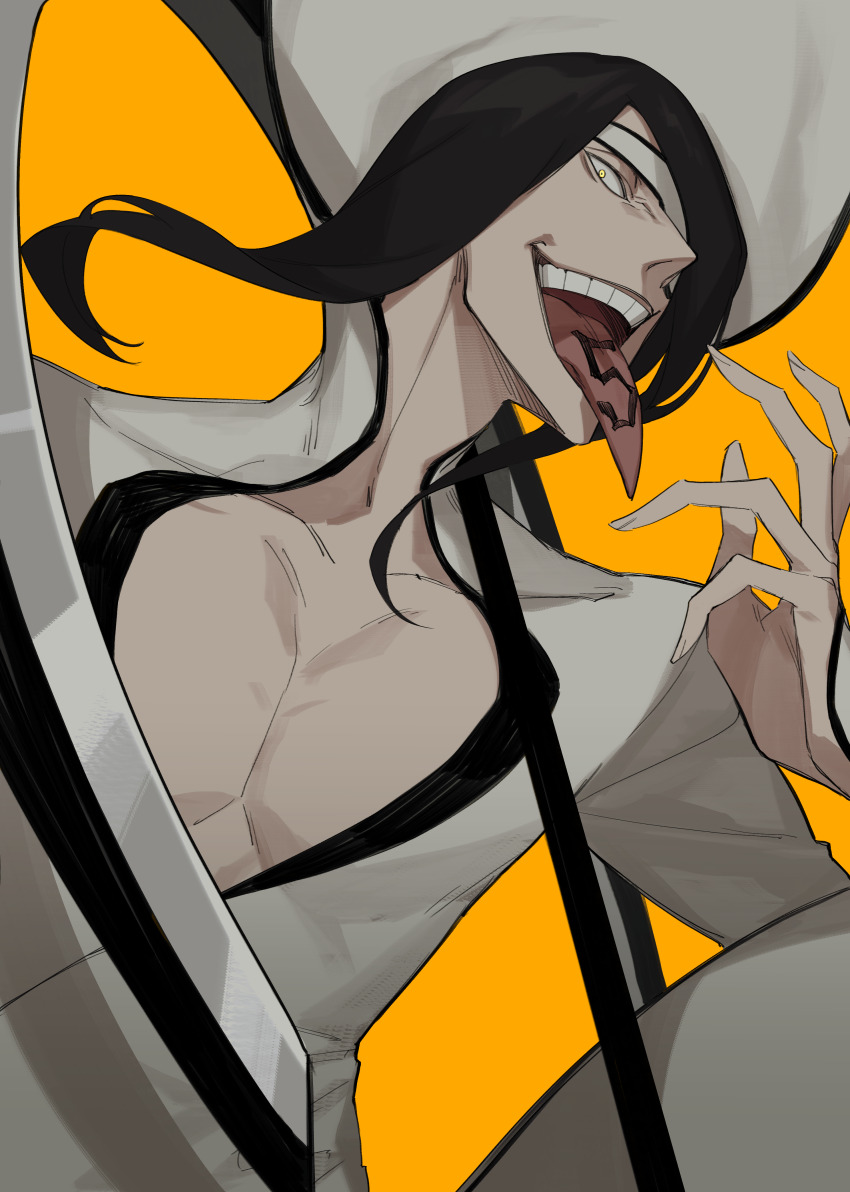 1boy absurdres black_hair bleach clothing_cutout eyepatch highres long_hair long_sleeves looking_at_viewer male_focus nnoitra_gilga orange_background samei_ikusa simple_background solo teeth tongue tongue_out tongue_tattoo upper_teeth_only