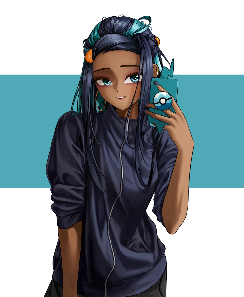 1girl absurdres alternate_costume aqua_eyes aqua_hair commentary_request dive_ball dorosi033 earrings eyelashes gen_4_pokemon hand_up highres holding holding_phone holding_poke_ball hoop_earrings jacket jewelry korean_commentary long_hair multicolored_hair nail_polish nessa_(pokemon) nintendo phone poke_ball pokemon pokemon_swsh rotom rotom_phone smile solo teeth two-tone_hair
