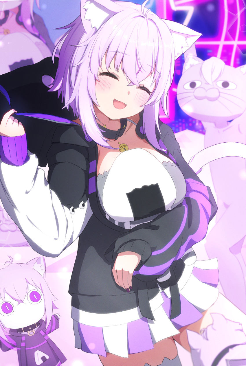1girl absurdres ahoge animal_ear_fluff animal_ears black_collar black_hoodie blush cat_ears cat_girl cat_tail character_doll closed_eyes collar highres hololive hood hoodie medium_hair nekomata_okayu nekomata_okayu_(1st_costume) nekomata_okayu_(personya_respect) official_alternate_costume open_mouth purple_eyes purple_hair skirt smile solo tail tarakore_sauce virtual_youtuber white_skirt