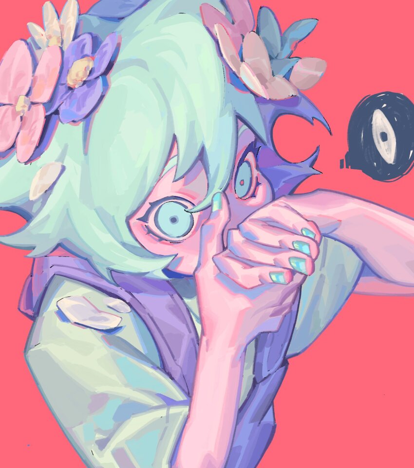 1boy aqua_eyes aqua_hair aqua_nails aqua_shirt basil_(headspace)_(omori) basil_(omori) covering_own_mouth disembodied_eye dynamic_pose flower fortisselle hands_up head_wreath highres image_in_speech_bubble looking_at_viewer lower_eyelashes_only male_focus nail_polish omori overalls own_hands_together pink_background pink_flower purple_flower purple_overalls shirt short_hair short_sleeves simple_background solo upper_body wide-eyed