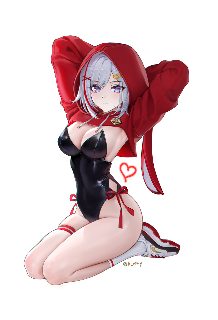 1girl absurdres alternate_costume animal_ears animal_hood armpits arms_behind_head arms_up bare_legs black_leotard blue_eyes breasts cleavage closed_mouth cropped_hoodie drawstring fake_animal_ears floppy_ears full_body grey_hair hair_ornament hairclip heart highleg highleg_leotard highres honkai:_star_rail honkai_(series) hood hood_up hooded_shrug hoodie large_breasts leotard long_sleeves looking_at_viewer medium_breasts mole mole_on_thigh multicolored_hair nike_(company) parted_bangs playboy_bunny purple_eyes rabbit_ears red_hair red_hoodie red_ribbon red_shrug ribbed_socks ribbon rity seiza shoes short_hair shrug_(clothing) side-tie_leotard side_cut sitting skindentation smile sneakers socks solo strapless strapless_leotard streaked_hair thigh_strap thighs topaz_(honkai:_star_rail) twitter_username white_hair white_shoes white_socks