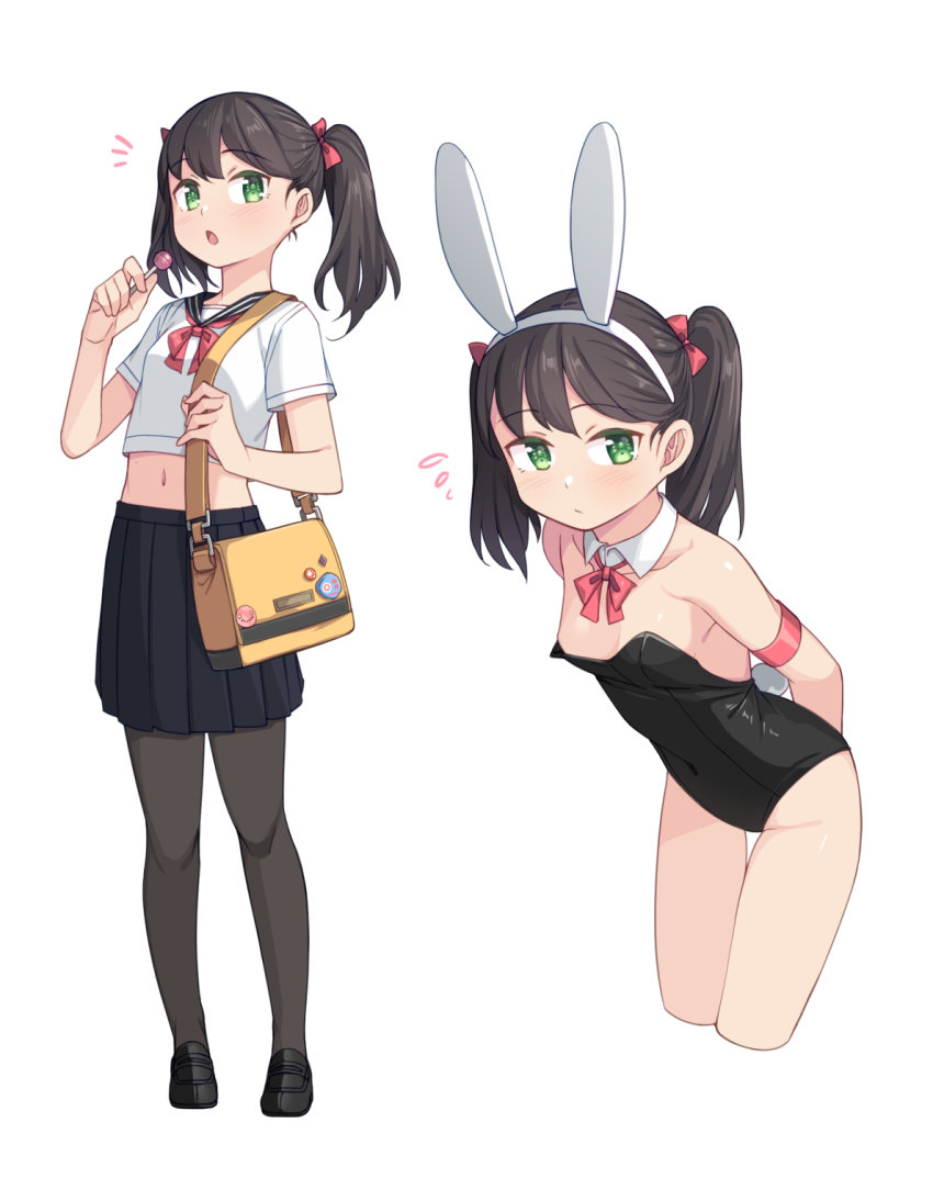 1girl :o animal_ears armband arms_behind_head bag bare_shoulders black_footwear black_hair black_leotard black_pantyhose black_skirt bow bowtie breasts candy cropped_legs detached_collar fake_animal_ears food full_body green_eyes hairband highres leotard lollipop medium_hair midriff multiple_views navel original pantyhose playboy_bunny pleated_skirt rabbit_ears rabbit_tail red_bow red_bowtie saiste school_uniform serafuku shoes short_sleeves shoulder_bag simple_background skirt small_breasts tail twintails white_background white_hairband
