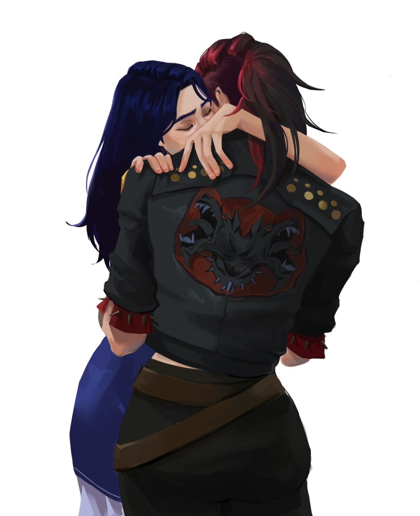 2girls arcane:_league_of_legends arcane_caitlyn arcane_vi arm_around_neck belt black_jacket black_pants blue_hair blue_skirt caitlyn_(league_of_legends) closed_eyes commentary ear_piercing english_commentary highres jacket kaifu_ato league_of_legends long_hair multiple_belts multiple_girls pants piercing red_hair short_sleeves simple_background skirt undercut vi_(league_of_legends) white_background yuri