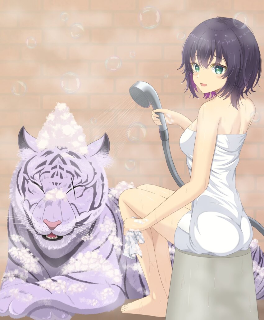 1girl aoi_erika aqua_eyes bath black_hair byakko_(heaven_burns_red) closed_eyes heaven_burns_red highres looking_at_viewer medium_hair mochimugi_rice open_mouth short_hair sitting tiger towel white_tiger