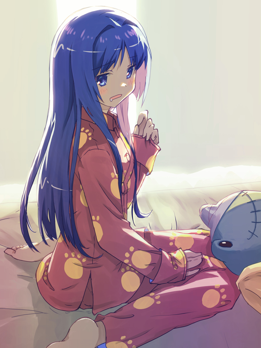 1girl akayama_yukihe backlighting barefoot blue_eyes blue_hair blush commentary_request curtains drooling from_side hair_intakes hand_up highres indoors kanon keropii long_hair long_sleeves looking_at_viewer minase_nayuki morning mouth_drool on_bed open_mouth pajamas parted_bangs paw_print pink_pajamas sidelocks sitting sleepy sleeves_past_wrists solo straight_hair toes very_long_hair wariza