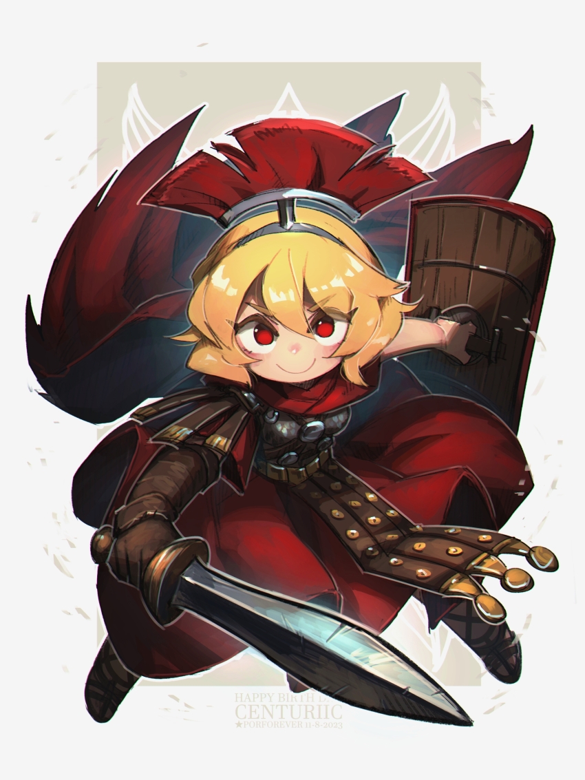 1girl absurdres armor blonde_hair borrowed_character brown_gloves cape centurii-chan_(character) full_body gladius gloves greco-roman_clothes highres holding holding_shield holding_sword holding_weapon legionnaire looking_at_viewer original plume porforever pteruges red_eyes roman_armor roman_clothes roman_empire shield short_hair single_glove solo sword weapon