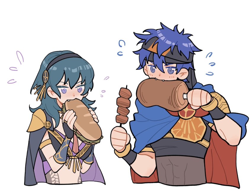 1boy 1girl blue_hair boned_meat bridal_gauntlets cape commentary cropped_torso deformed eating english_commentary female_byleth_(fire_emblem) female_byleth_(jehanna)_(fire_emblem) fire_emblem fire_emblem:_path_of_radiance fire_emblem:_three_houses fire_emblem_heroes food highres holding holding_food holding_sandwich holding_skewer ike_(fire_emblem) ike_(jehanna)_(fire_emblem) julianlynnnn long_hair meat nintendo official_alternate_costume sandwich short_hair simple_background skewer two-sided_cape two-sided_fabric white_background