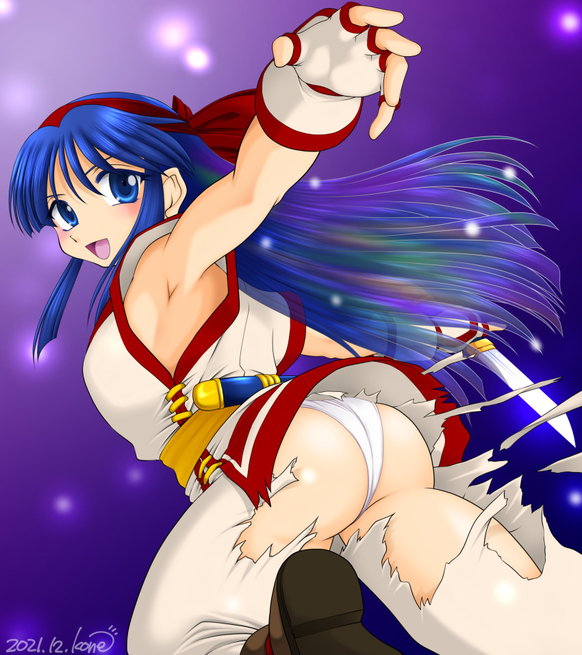 1girl ainu_clothes armpits artist_name ass blue_eyes blue_hair breasts dated fingerless_gloves gloves hair_ribbon highres huge_ass idaleekone leg_lift leg_up long_hair looking_at_viewer medium_breasts nakoruru open_mouth panties pants ribbon samurai_spirits sideboob smile snk the_king_of_fighters torn_clothes torn_pants underwear weapon white_panties