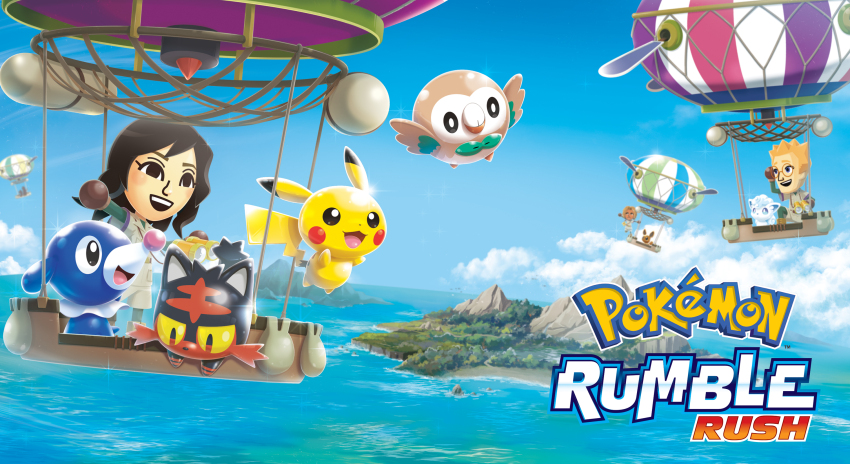 :3 :d aircraft alolan_form alolan_vulpix artist_request binoculars black_hair blonde_hair blue_eyes blue_sky blush blush_stickers bright_pupils brown_gloves brown_shirt brown_shorts chibi closed_mouth cloud copyright_logo copyright_name dark_skin day dot_nose eevee eyelashes flying gen_1_pokemon gen_7_pokemon glasses gloves highres holding holding_binoculars hot_air_balloon island key_visual litten long_hair mii_(nintendo) mountain nintendo official_art open_mouth pikachu pokemon pokemon_(creature) pokemon_rumble pokemon_rumble_rush popplio promotional_art rock round_eyewear rowlet shirt short_hair shorts sky smile spiked_hair standing teeth third-party_source upper_teeth_only water white_pupils