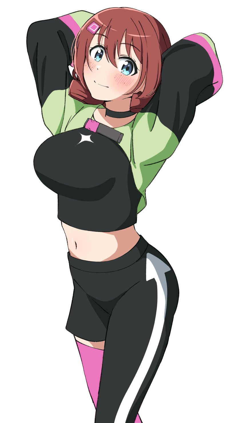 1girl absurdres arms_up asymmetrical_pants black_pants black_shirt black_shoes black_shorts blue_eyes breasts brown_hair closed_mouth commentary cowboy_shot drill_hair emma_verde feet_out_of_frame freckles go_our_way! hair_between_eyes hair_ornament hairpin highres large_breasts looking_at_viewer love_live! love_live!_nijigasaki_high_school_idol_club love_live!_nijigasaki_high_school_idol_club_next_sky low_drills midriff navel official_alternate_costume pants pink_thighhighs shirt shoes shorts simple_background smile solo split_mouth thighhighs twin_drills uchuu_no_mozuku white_background