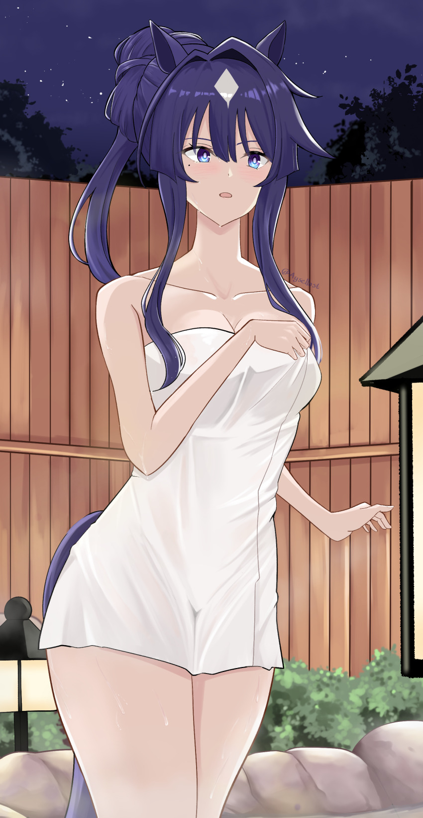 1girl absurdres animal_ears aysellost bare_shoulders blue_eyes blue_hair breasts collarbone hair_between_eyes hair_bun highres horse_ears horse_girl horse_tail long_hair medium_breasts mole mole_under_eye naked_towel night night_sky onsen sidelocks sky solo tail towel twitter_username umamusume verxina_(umamusume)