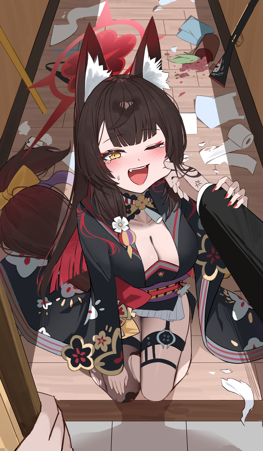 1boy 1girl absurdres anger_vein animal_ear_fluff animal_ears black_shirt black_thighhighs blue_archive blush bow breasts brown_hair cheek_squash cleavage colored_inner_hair commentary_request cushion doorway fang floral_print_sleeves fox_ears fox_girl fox_tail gonggo gun halo highres large_breasts long_hair long_sleeves messy multicolored_hair one_eye_closed pov pov_doorway pov_hands red_hair red_halo rifle sensei_(blue_archive) shirt single_thighhigh skirt smile tail tail_bow tail_ornament tearing_up teeth thigh_strap thighhighs thighs tissue torn_clothes torn_thighhighs upper_teeth_only very_long_hair wakamo_(blue_archive) weapon white_skirt wide_sleeves yellow_bow yellow_eyes zabuton
