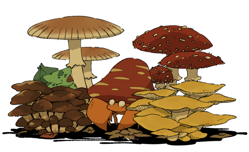autumn_leaves bulbasaur commentary_request fly_agaric game_freak gen_1_pokemon giant_mushroom leaf mashita._(mentaiko_omoti) mushroom nintendo no_humans on_mushroom one_eye_closed parasect pokemon pokemon_(creature) red_eyes simple_background white_background