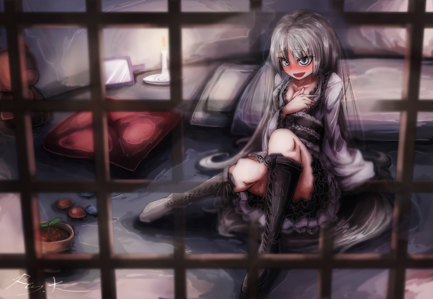 1girl blush breasts cage captured dorei_to_no_seikatsu_~teaching_feeling~ dress grey_eyes grey_hair hand_on_own_chest long_hair looking_at_viewer medium_breasts no_scar open_mouth ray-k smile solo sylvie_(dorei_to_no_seikatsu)