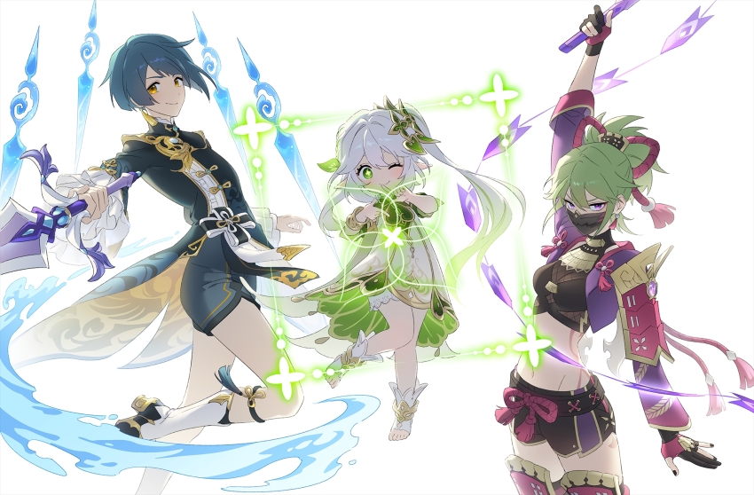 1boy 2girls angduuuu_(ghost) armor black_gloves bloomers blue_hair breasts commentary dress english_commentary finger_frame frills genshin_impact gloves green_hair hair_ornament highres holding holding_sword holding_weapon japanese_armor japanese_clothes jewelry kuki_shinobu long_hair looking_at_viewer mask medium_breasts mouth_mask multicolored_hair multiple_girls nahida_(genshin_impact) ninja_mask one_eye_closed orange_eyes partially_fingerless_gloves pointy_ears ponytail purple_eyes shorts side_ponytail simple_background sword underwear vision_(genshin_impact) weapon white_background white_bloomers white_dress xingqiu_(genshin_impact)