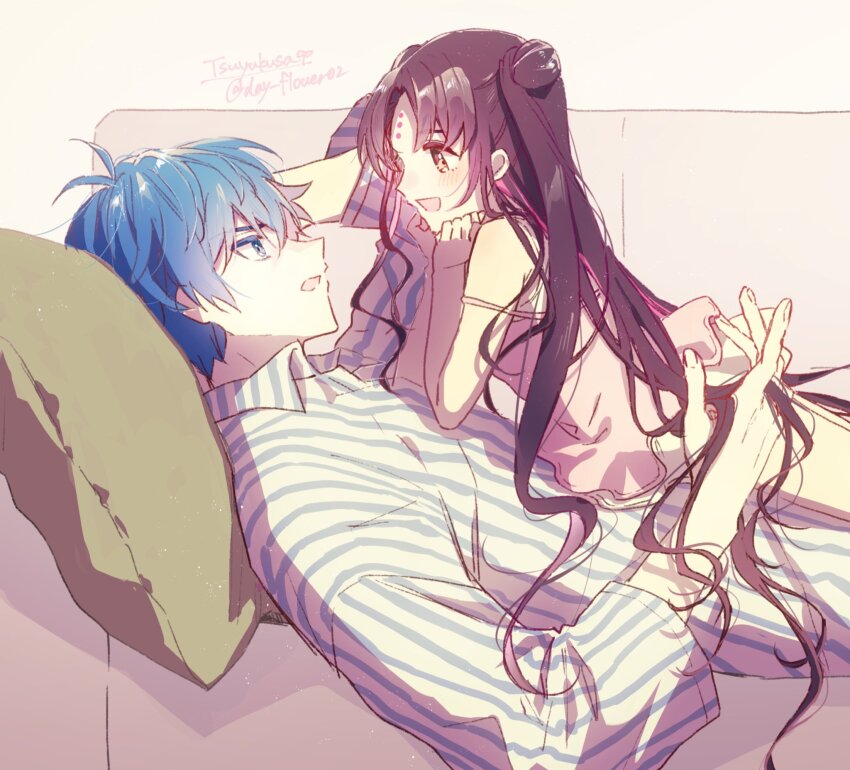 1boy 1girl age_difference babydoll bare_shoulders black_hair blue_eyes blue_hair couch double_bun elbow_rest eye_contact facial_mark fate/grand_order fate_(series) forehead_mark from_side hair_between_eyes hair_bun hand_in_another&#039;s_hair hands_up hans_christian_andersen_(adult)_(fate) hans_christian_andersen_(fate) head_rest highres light_blush long_hair looking_at_another lying lying_on_person multicolored_hair off_shoulder on_back on_couch on_stomach open_mouth parted_bangs pillow pink_babydoll pink_hair profile sessyoin_kiara sessyoin_kiara_(lily) shirt short_hair smile streaked_hair striped_clothes striped_shirt three-quarter_sleeves tsuyukusa_(eeta7273) twitter_username vertical-striped_clothes vertical-striped_shirt white_shirt yellow_eyes