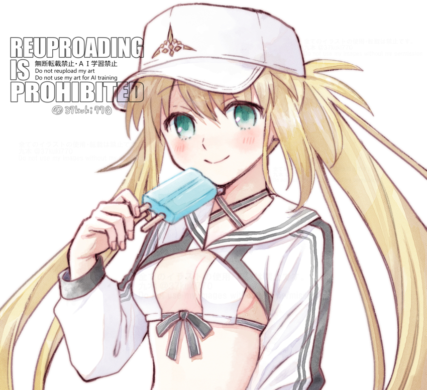 1girl 37kuki770 artist_name artoria_caster_(fate) artoria_caster_(swimsuit_berserker)_(fate) artoria_caster_(swimsuit_berserker)_(first_ascension)_(fate) artoria_pendragon_(fate) baseball_cap bikini blonde_hair blush breasts collared_shrug commentary_request fate/grand_order fate_(series) food green_eyes hat highres holding holding_food holding_popsicle long_hair long_sleeves looking_at_viewer popsicle sailor_collar shrug_(clothing) simple_background smile solo swimsuit twintails twitter_username upper_body watermark white_background white_bikini white_hat white_sailor_collar white_shrug