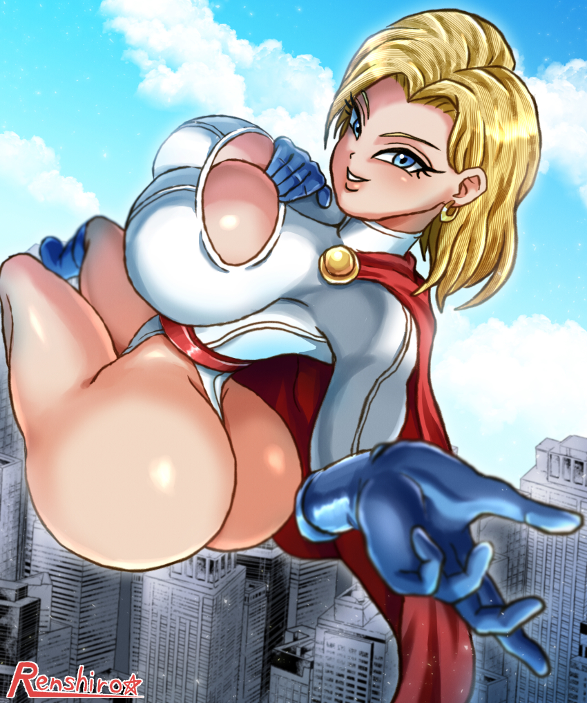 1girl absurdres android_18 ass blonde_hair blue_boots blue_eyes blue_gloves boots breasts building cape city cityscape cleavage cleavage_cutout clothing_cutout cloud cosplay day dc_comics dragonball_z earrings flying from_behind gloves highres huge_ass jewelry large_breasts leotard long_sleeves looking_at_viewer looking_back power_girl power_girl_(cosplay) powergirl red_cape short_hair sky smile solo superman_(series) thong_leotard tonshirou_(christar) white_leotard